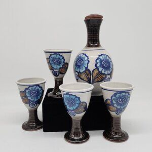 Studio Pottery Decanter and 4 Cups Blue Flowers Backstamped Fish VTG